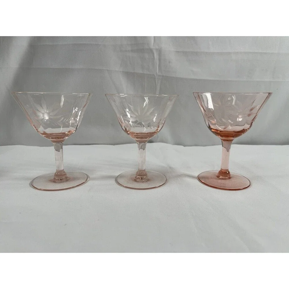 Lot o f 2 Vintage Pink Depression Martini Glass Floral Etched #675